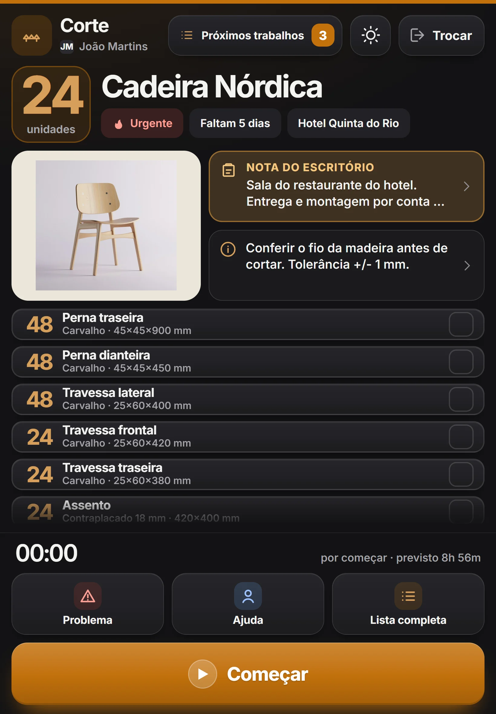 Tablet ao alto no posto de Corte com 24 Cadeiras Nórdicas, a nota do escritório e as sete peças para cortar, cada uma com material e medidas.